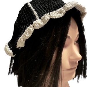 1920’s Antique Crochet Cloche Hat in Black with White Ruffle Trim, Handmade
